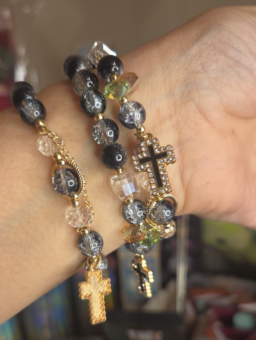 3 Gold-Tone Black Beaded Cross Bracelet - Women’s Fashion Jewelry